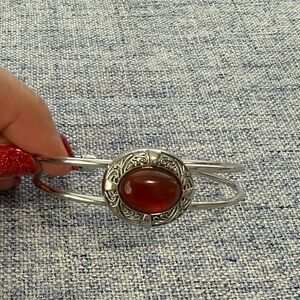 Brighton-Inspired Silver Tone Red Carnelian Oval Cuff Bracelet